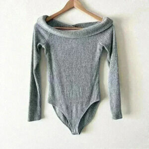Forever 21 F21 M Womens Gray Ribbed Knit Long Sleeve Bodysuit Cowl Neck